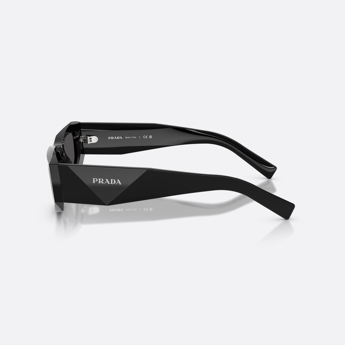 Prada PR B19S 16K08Z sunglasses, black pillow frame for men, plain bridge, integrated into frame, full-rim thick frame, side view