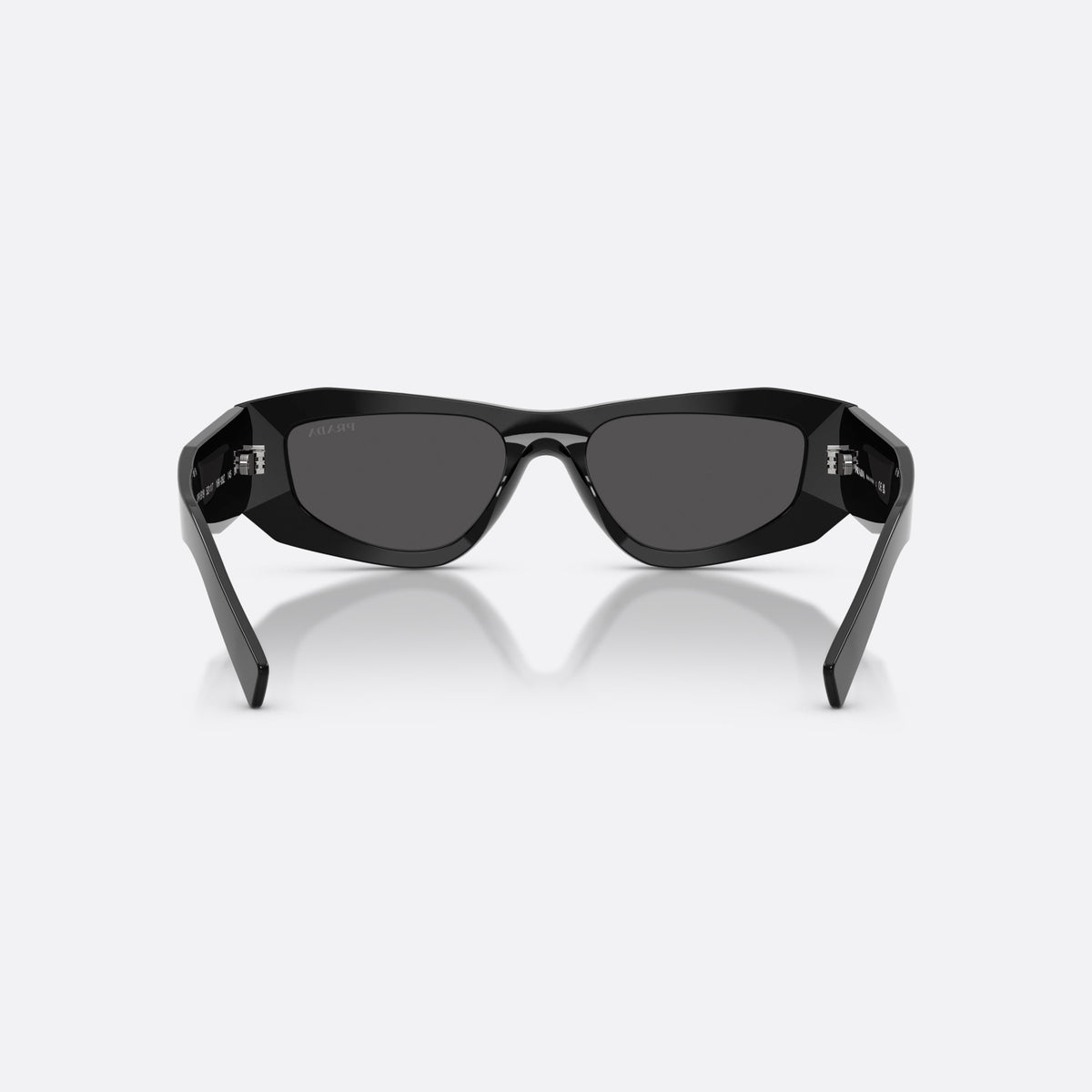 Prada PR B19S 16K08Z sunglasses, black pillow frame for men, plain bridge, integrated into frame, full-rim thick frame, back view