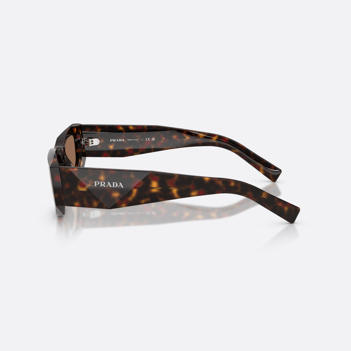 Prada PR B19S 17N06B sunglasses, havana pillow frame for men, keyhole bridge, brand lettering on the temples, side view