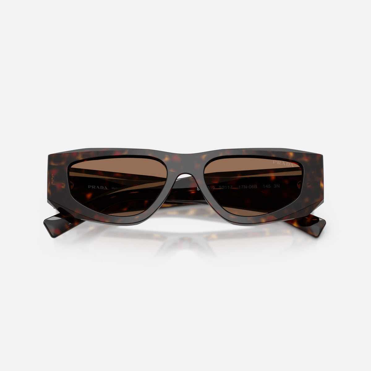 Prada PR B19S 17N06B sunglasses, havana pillow frame for men, keyhole bridge, brand lettering on the temples, folded