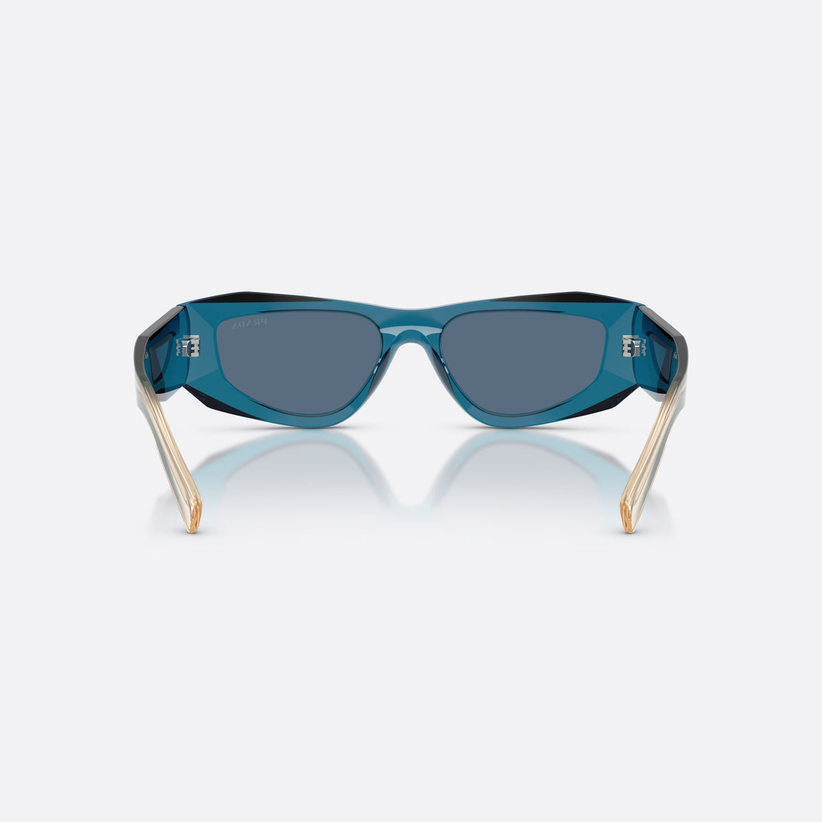 Prada PR B19S 24F80S sunglasses, blue pillow frame for men, integrated bridge, brand lettering on temples, back view