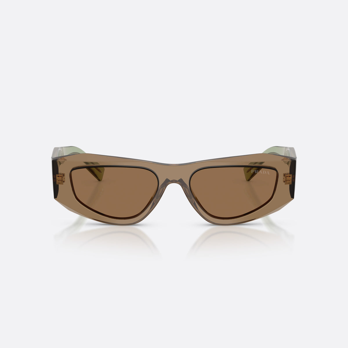Prada PR B19S 29E90F sunglasses, brown pillow frame for men, plain integrated bridge, brand lettering on temples, front view