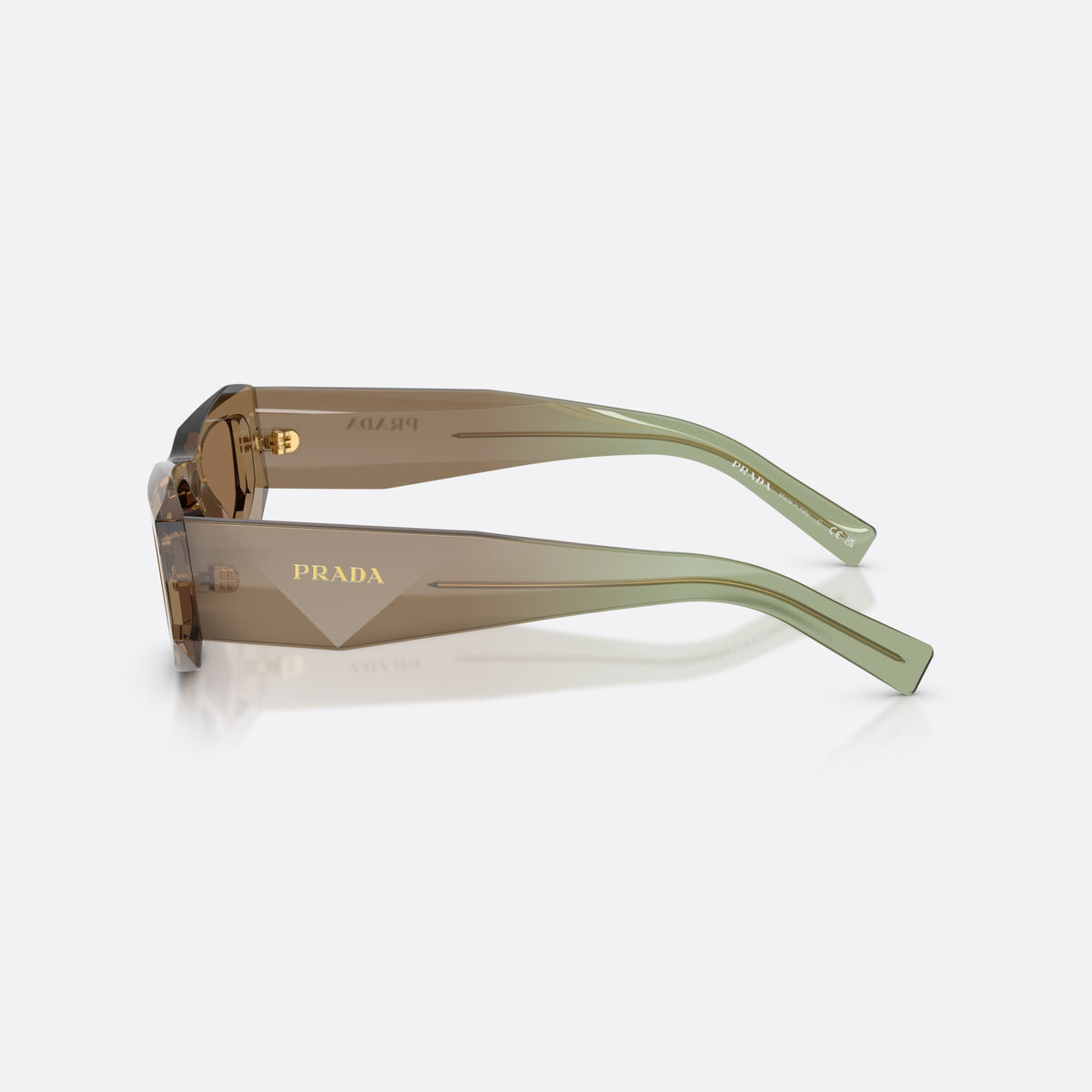 Prada PR B19S 29E90F sunglasses, brown pillow frame for men, plain integrated bridge, brand lettering on temples, side view