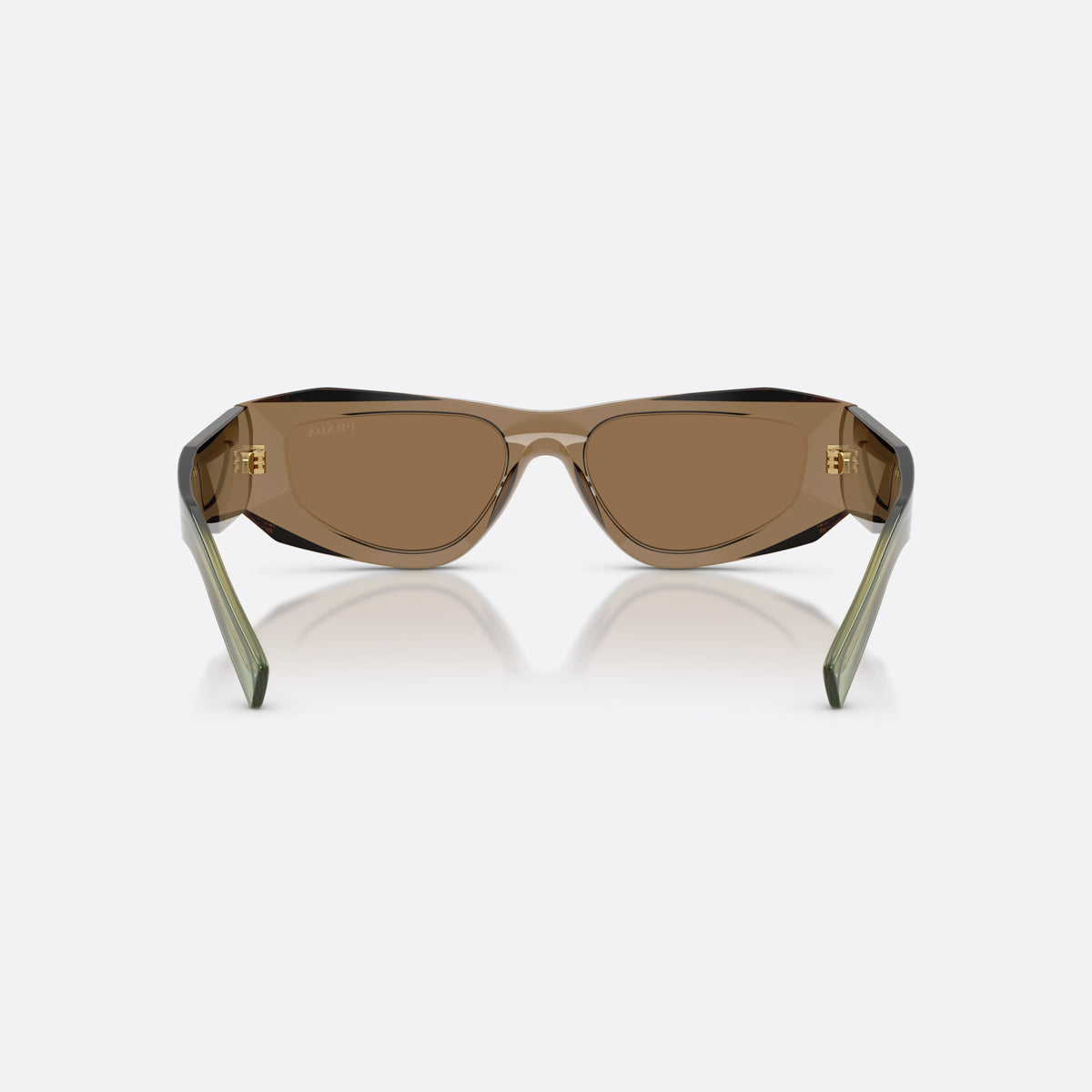 Prada PR B19S 29E90F sunglasses, brown pillow frame for men, plain integrated bridge, brand lettering on temples, back view
