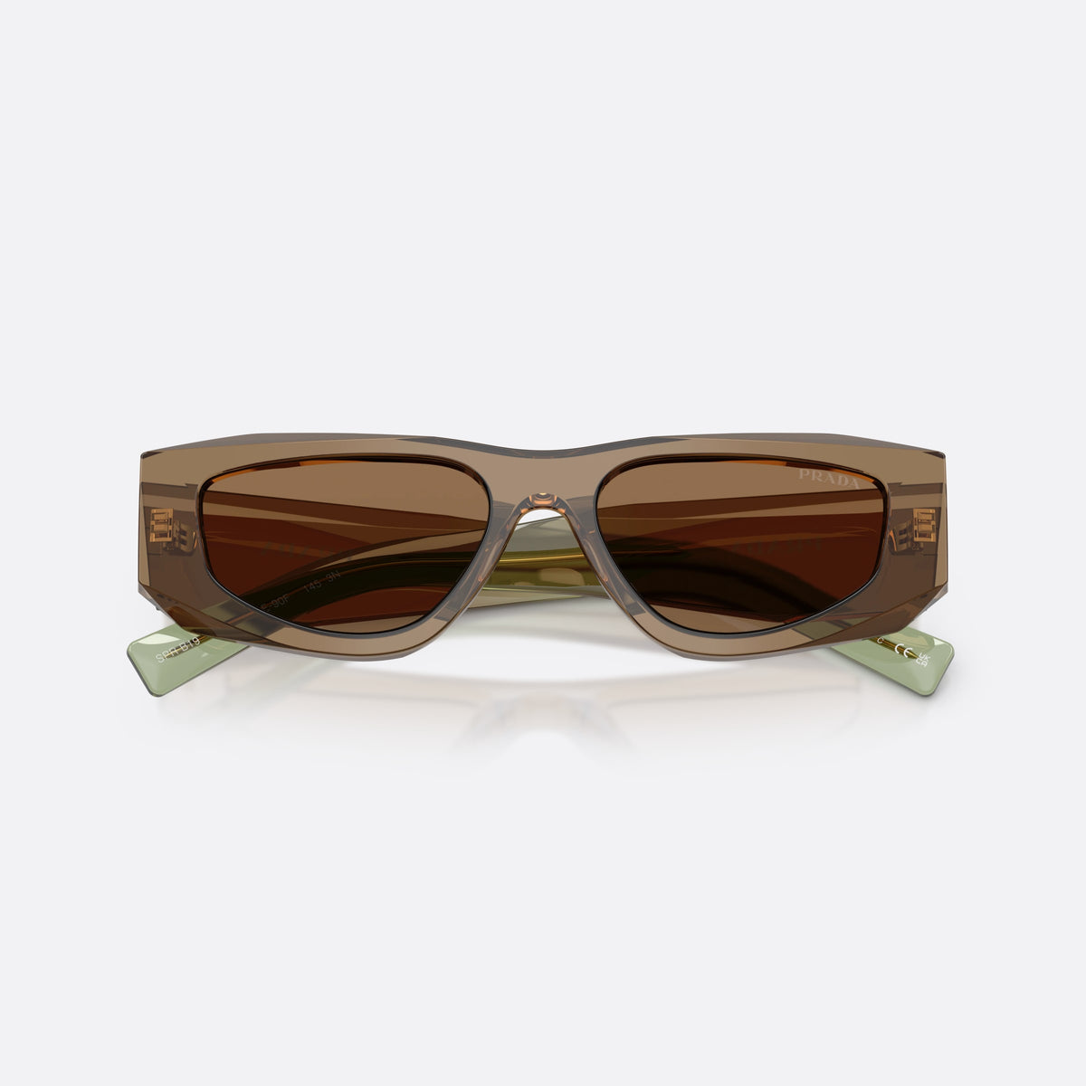 Prada PR B19S 29E90F sunglasses, brown pillow frame for men, plain integrated bridge, brand lettering on temples, folded
