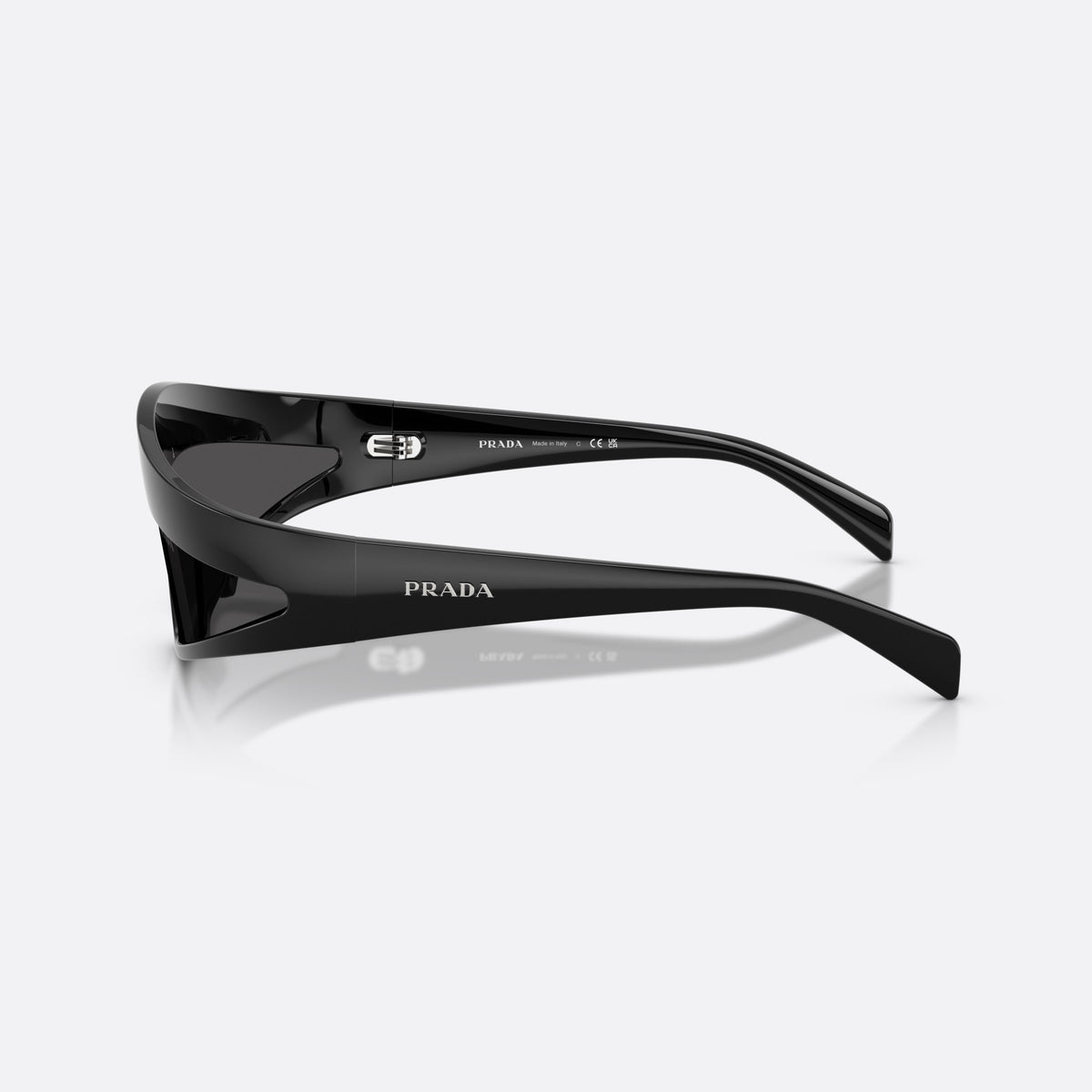 Prada PR B20S 1AB08Z sunglasses, black cat eye frame for women, integrated bridge with no visible pads, side view