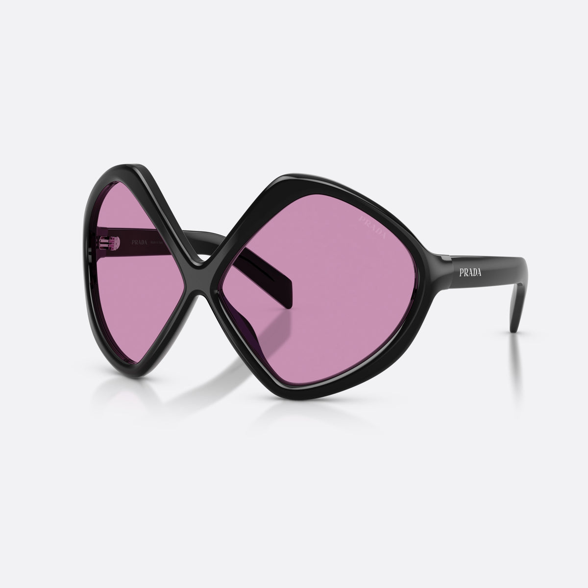 Prada PR B21S 16K30G sunglasses, black irregular frame for women, double bridge, wide center, brand lettering on temples
