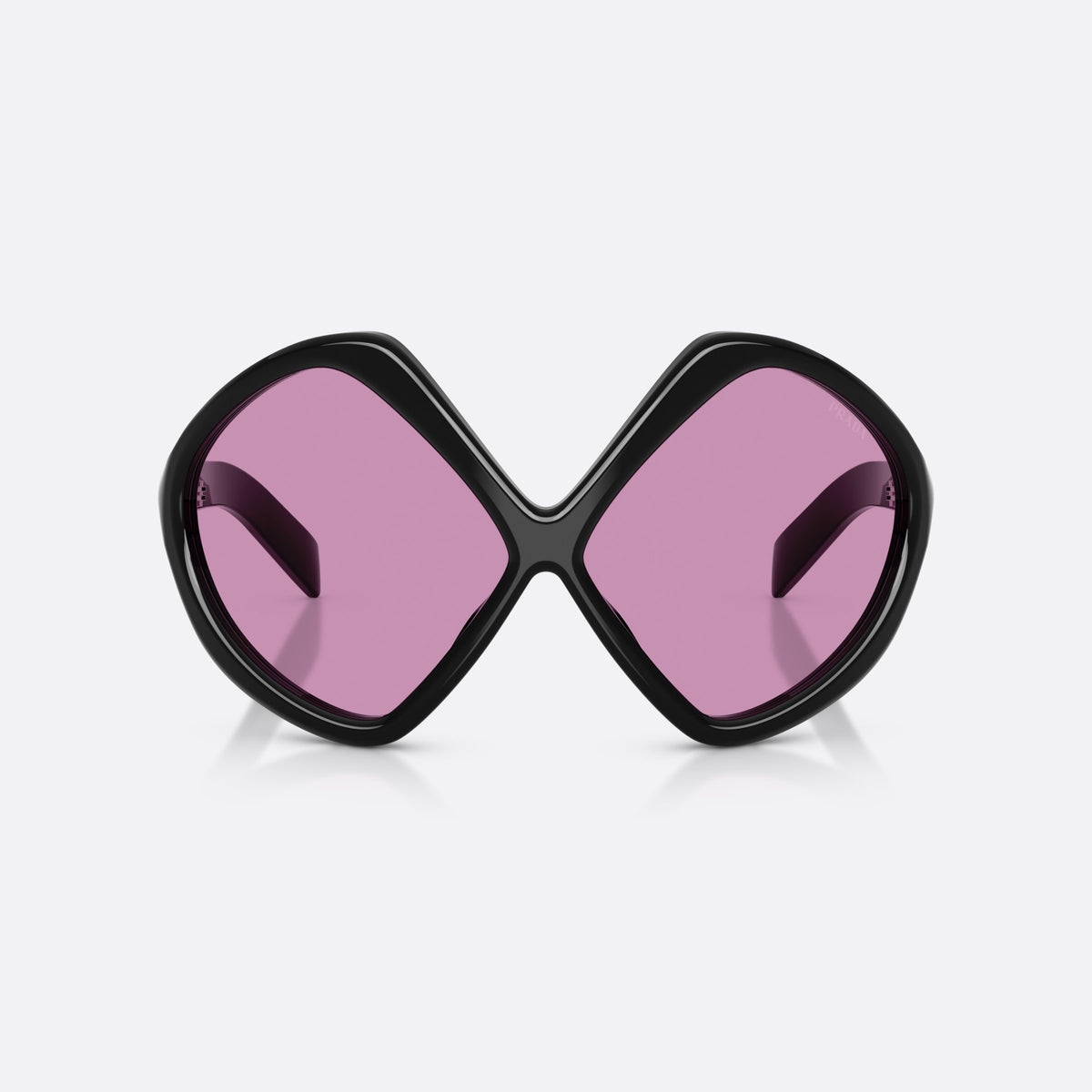 Prada PR B21S 16K30G sunglasses, black irregular frame for women, double bridge, wide center, brand lettering on temples, front view