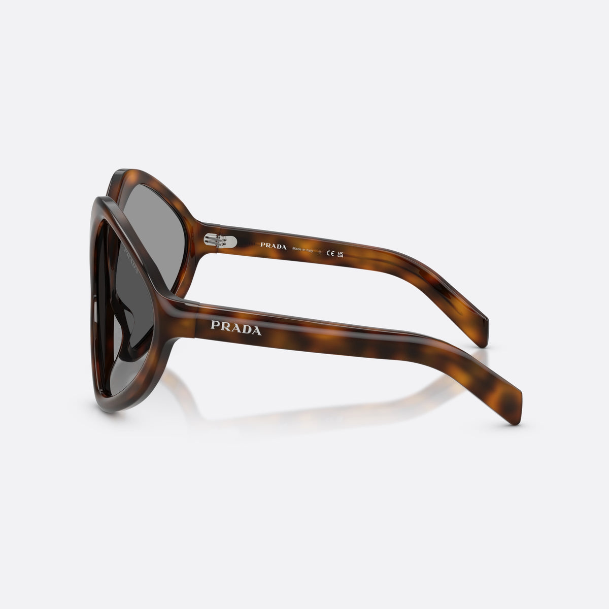 Ochelari de soare Prada PR B21S 20D50Q, neregulat havana, pentru femei, punte integrată simplă, literele brandului pe brațe, vedere laterală