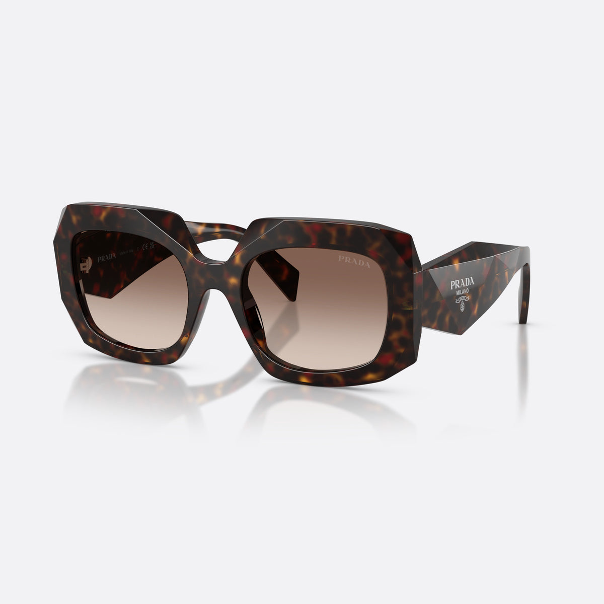 Prada PR B23S 17N10S sunglasses, havana square frame for women, plain saddle-style bridge, brand logo on temple