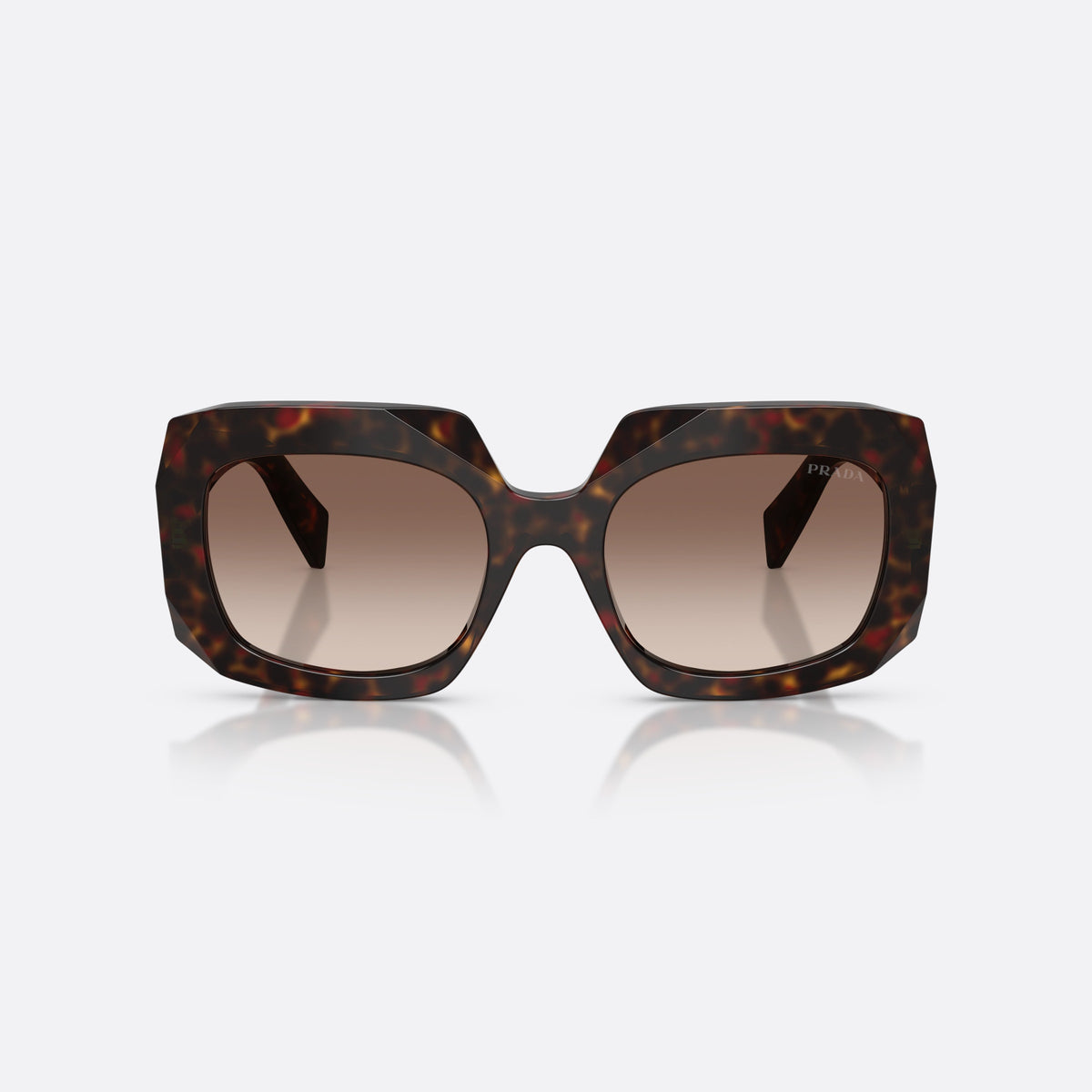 Prada PR B23S 17N10S sunglasses, havana square frame for women, plain saddle-style bridge, brand logo on temple, front view