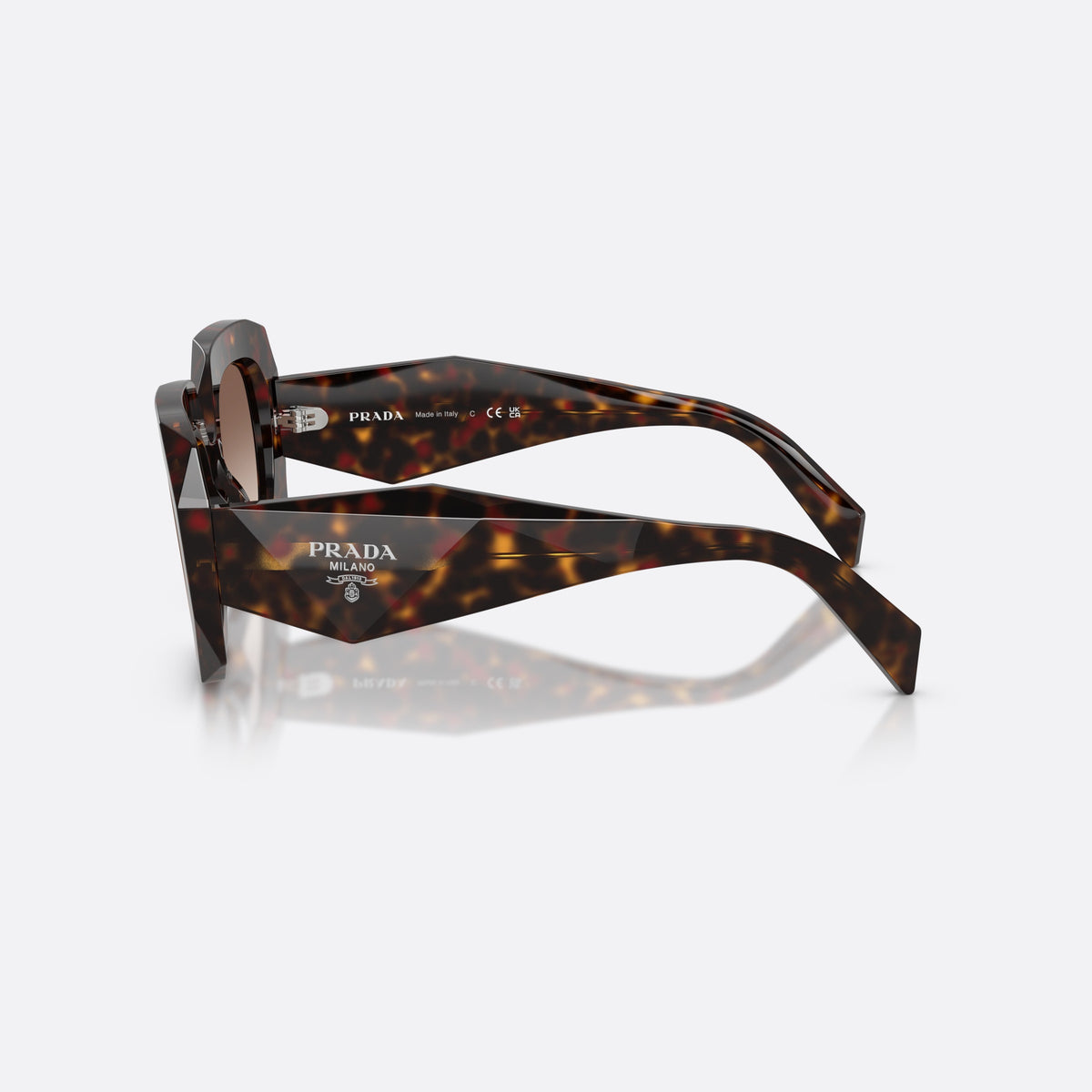 Prada PR B23S 17N10S sunglasses, havana square frame for women, plain saddle-style bridge, brand logo on temple, side view