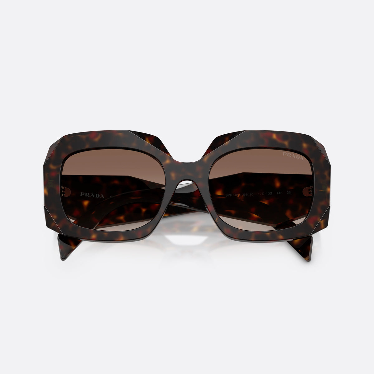 Prada PR B23S 17N10S sunglasses, havana square frame for women, plain saddle-style bridge, brand logo on temple, folded