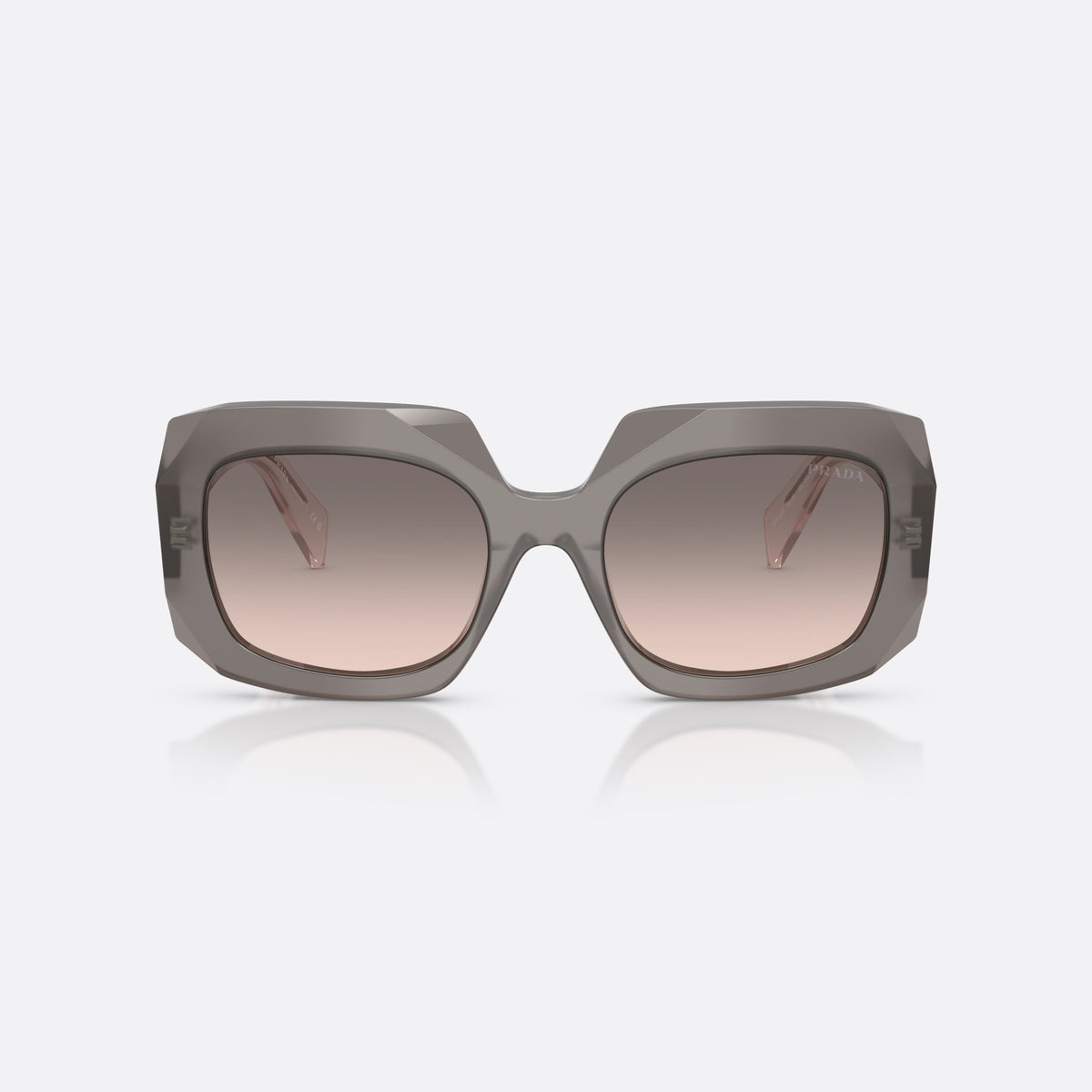 Prada PR B23S 20F70S sunglasses, grey square frame for women, wide double bridge, brand lettering on temples, front view