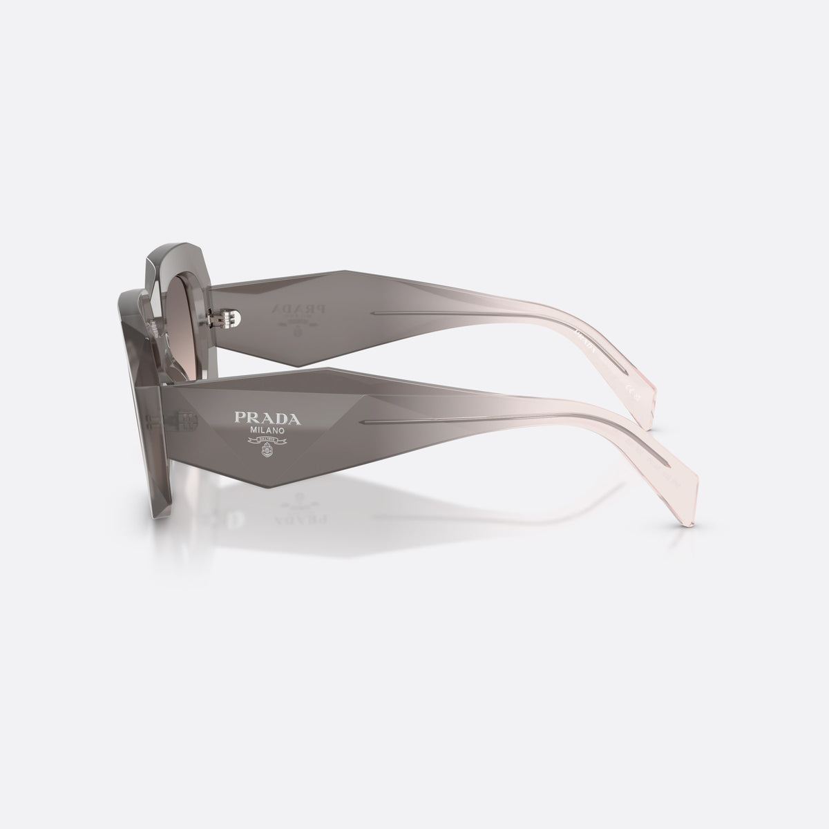 Prada PR B23S 20F70S sunglasses, grey square frame for women, wide double bridge, brand lettering on temples, side view