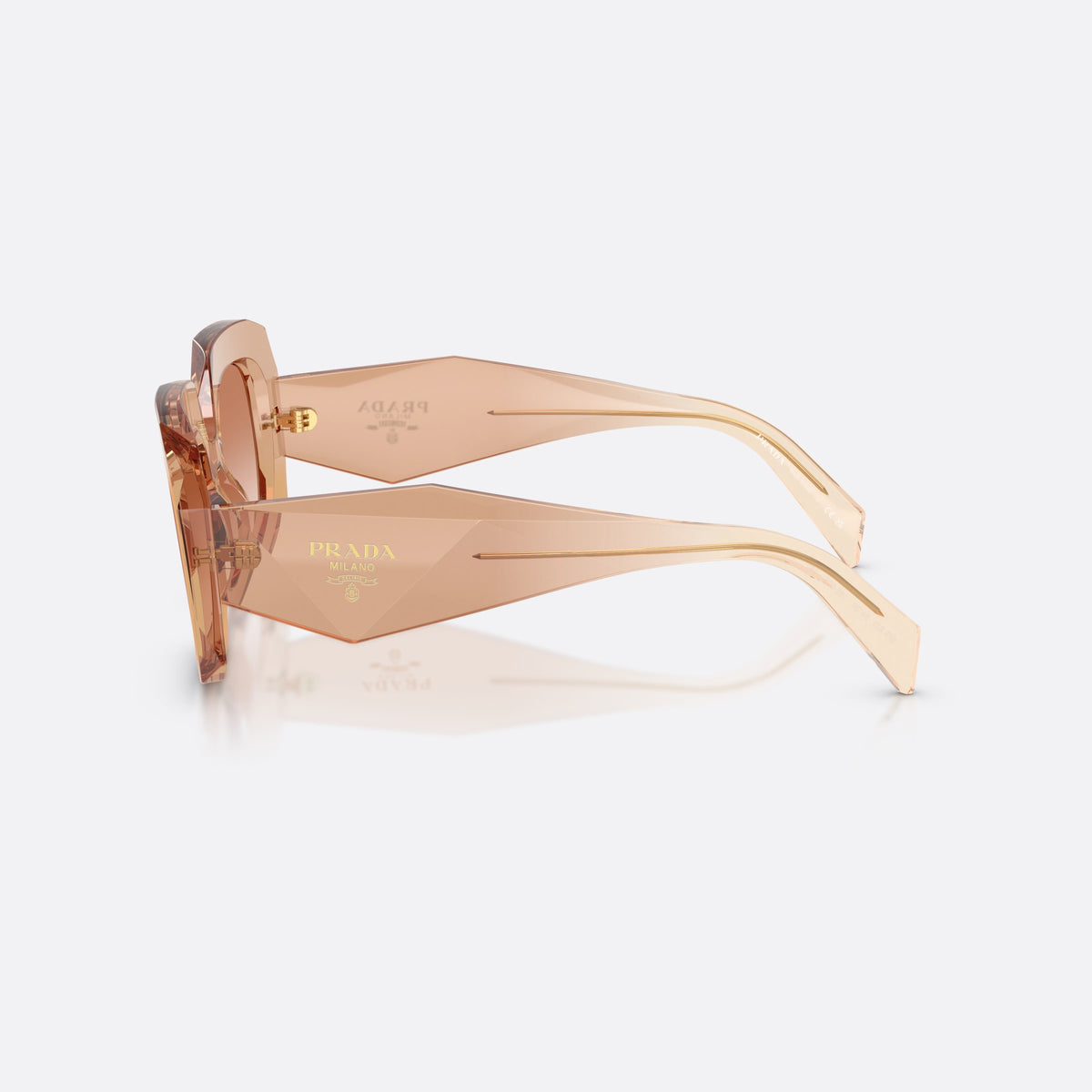 Prada PR B23S 28E50S sunglasses, brown square frame for women, keyhole bridge, brand lettering on the temples, side view