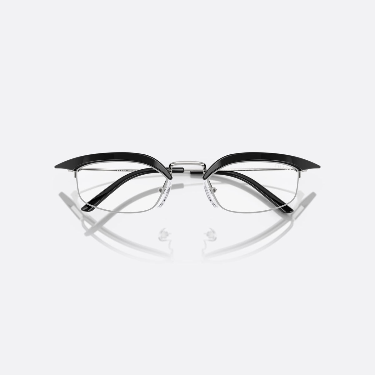 Prada PR B50S TZM08N sunglasses, black rectangular frame for women, double bridge with metal center, clear lenses
