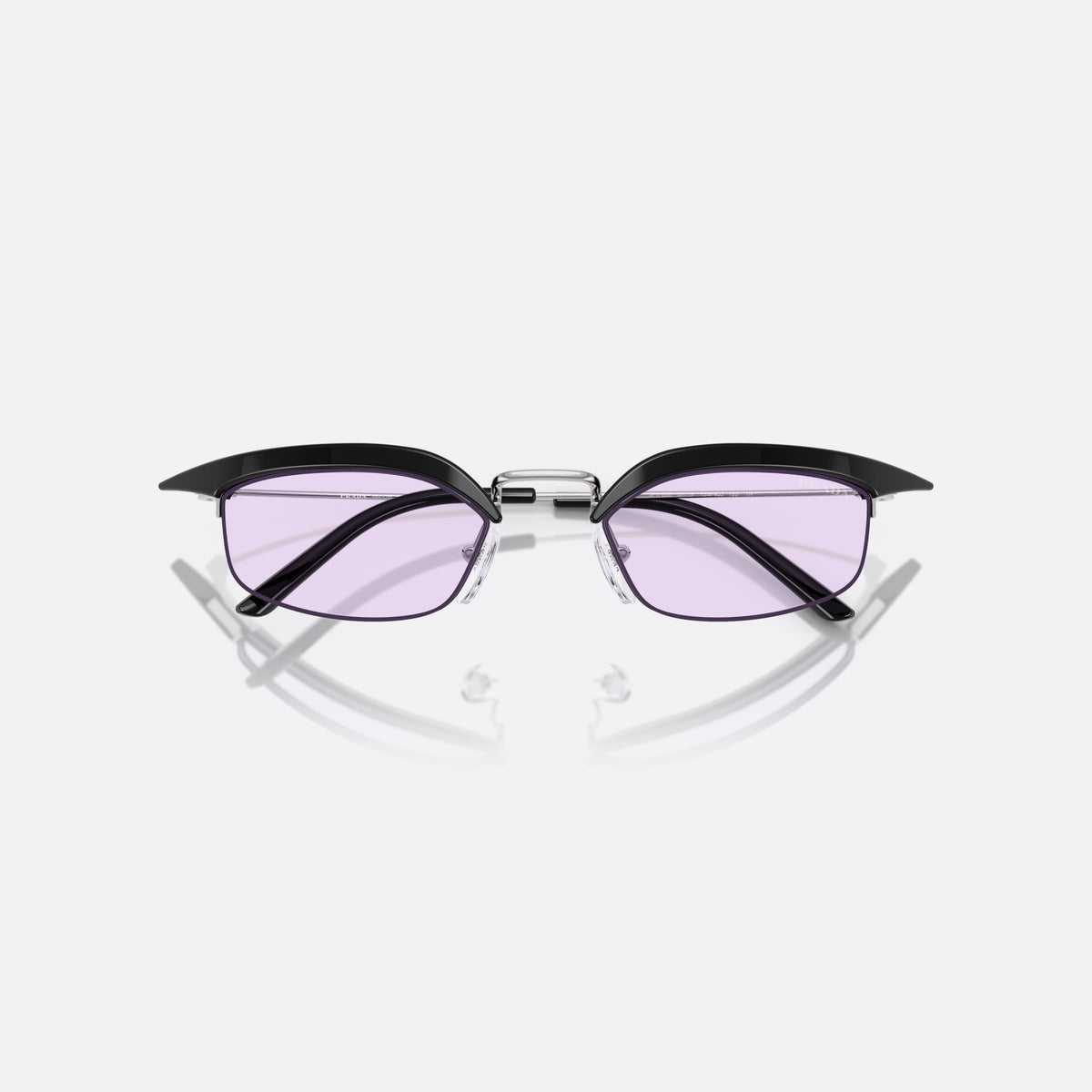 Prada PR B50S TZM40J sunglasses, black rectangle frame for women, silver-tone metal bridge, brand lettering on the lens, folded