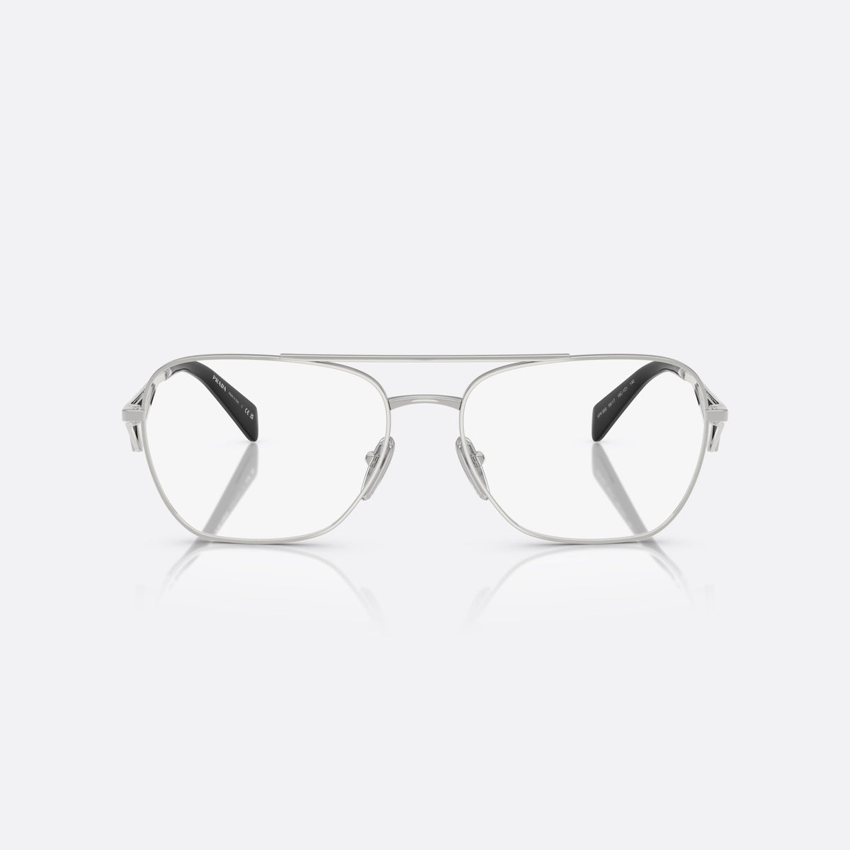 Prada PR B50V 1BC1O1 eyeglasses, silver visor frame for women, double bridge with top bar, full-rim metal frame, front view