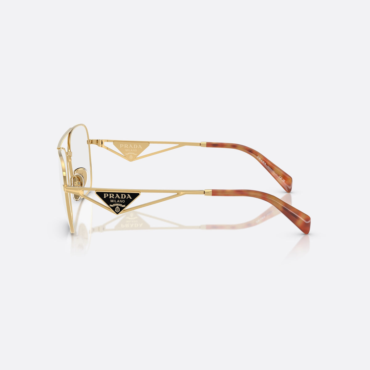 Prada PR B50V 5AK1O1 eyeglasses, gold visor frame for women, double bridge with top bar, brand lettering on the temples, side view
