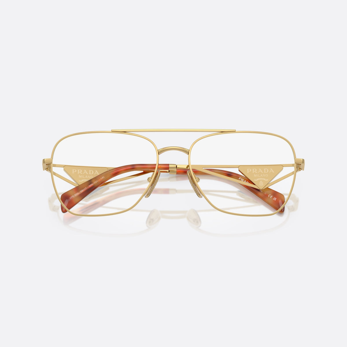 Prada PR B50V 5AK1O1 eyeglasses, gold visor frame for women, double bridge with top bar, brand lettering on the temples, folded