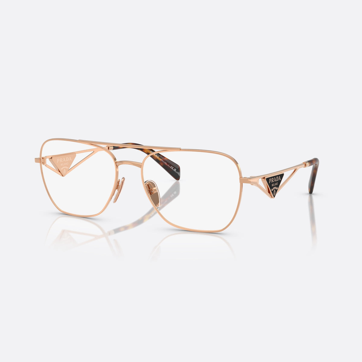Prada PR B50V SVF1O1 eyeglasses, gold visor frame for women, double bridge with top bar, brand logo plaques on temples