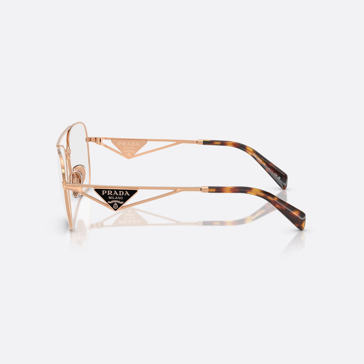 Prada PR B50V SVF1O1 eyeglasses, gold visor frame for women, double bridge with top bar, brand logo plaques on temples, side view
