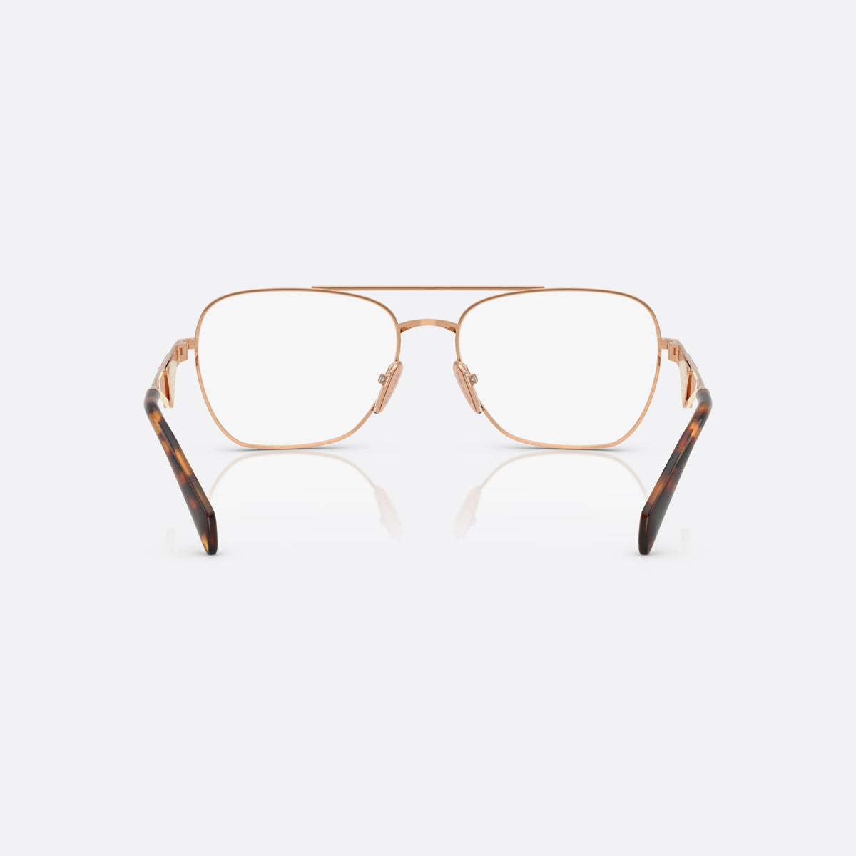 Prada PR B50V SVF1O1 eyeglasses, gold visor frame for women, double bridge with top bar, brand logo plaques on temples, back view