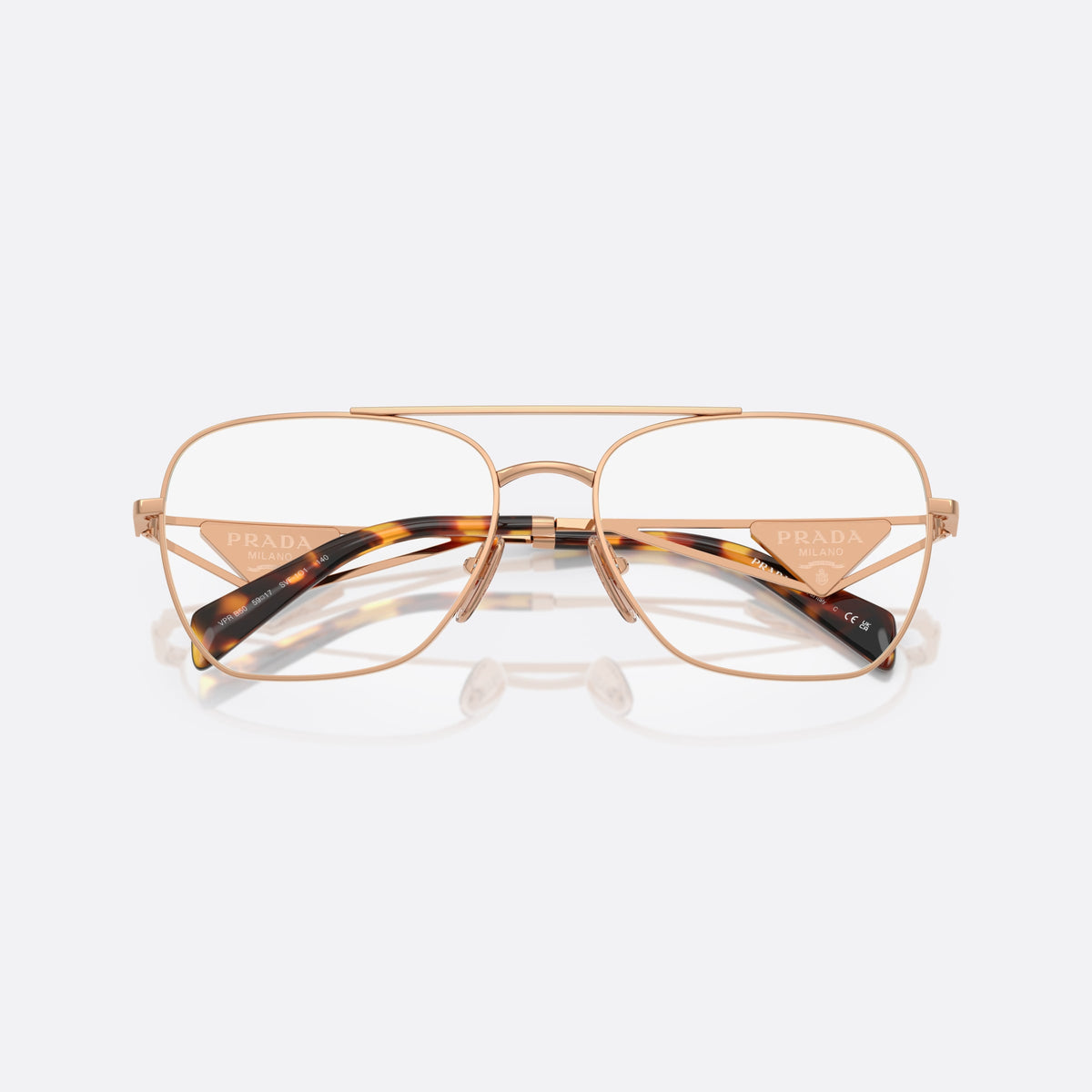 Prada PR B50V SVF1O1 eyeglasses, gold visor frame for women, double bridge with top bar, brand logo plaques on temples, folded