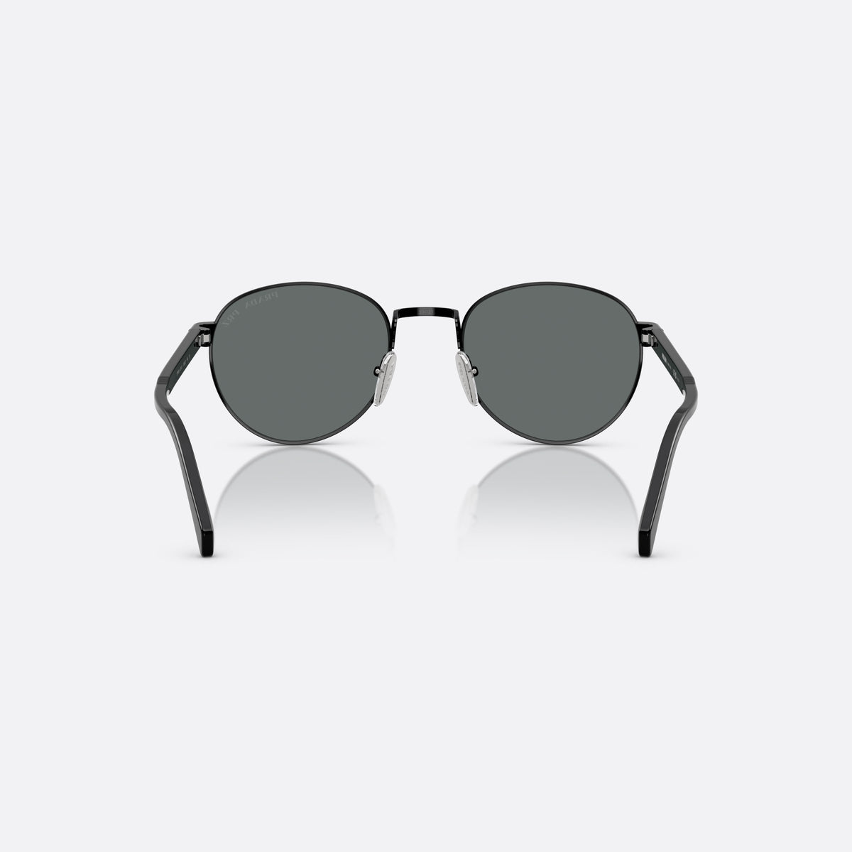 Prada PR B51S 1AB5Z1 BLBL sunglasses, black oval frame for men, plain metal bridge, brand lettering on temples, back view