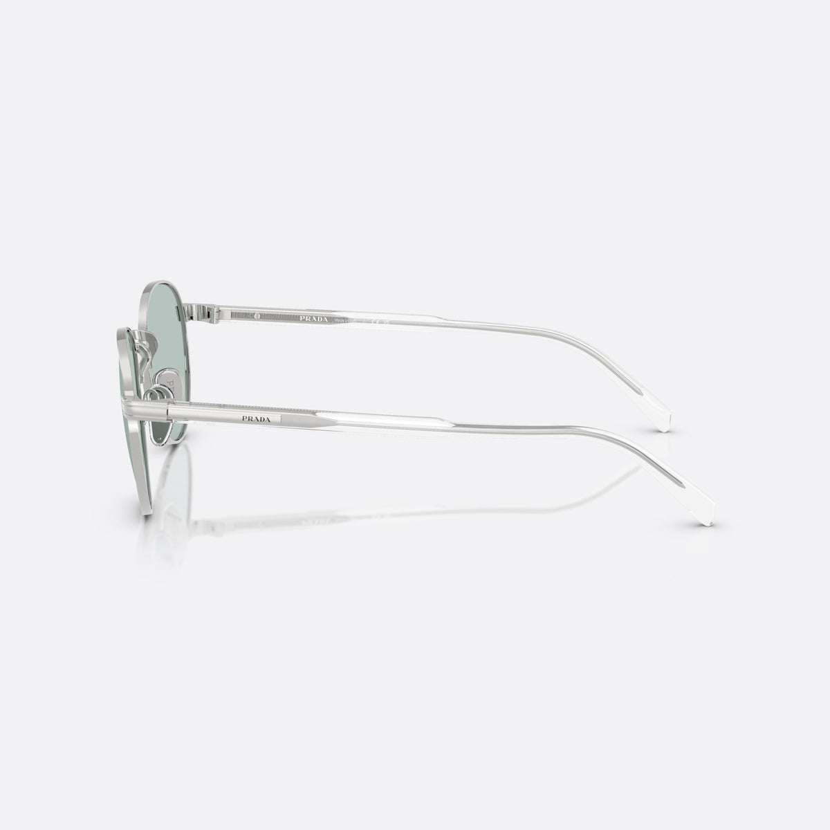 Prada PR B51S 1BC40N SIBL sunglasses, silver oval frame for men, plain metal bridge, brand lettering on the temples, side view
