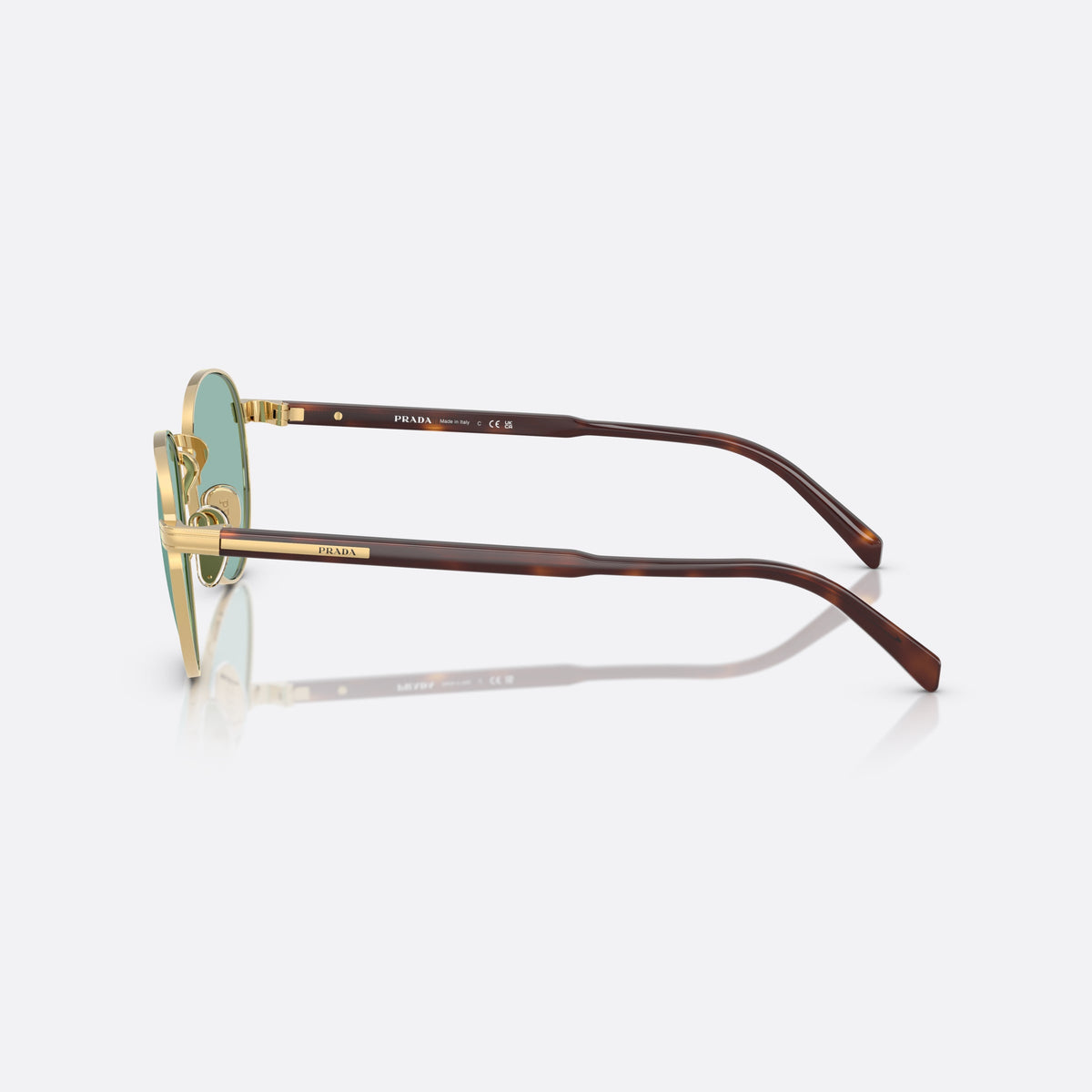 Ochelari de soare Prada PR B51S 5AK40K GLBL, ovali auriu, pentru bărbați, punte metalică simplă, literele brandului pe brațe, vedere laterală