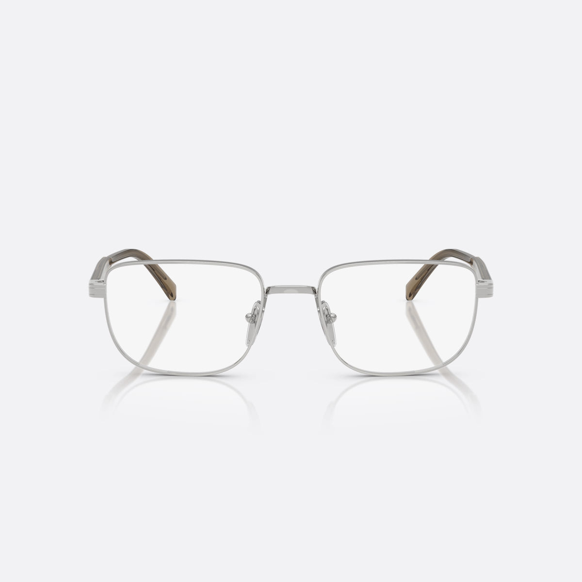 Prada PR B51V 11U1O1 eyeglasses, silver geometric frame for men, plain metal bridge, brand lettering on the temples, front view