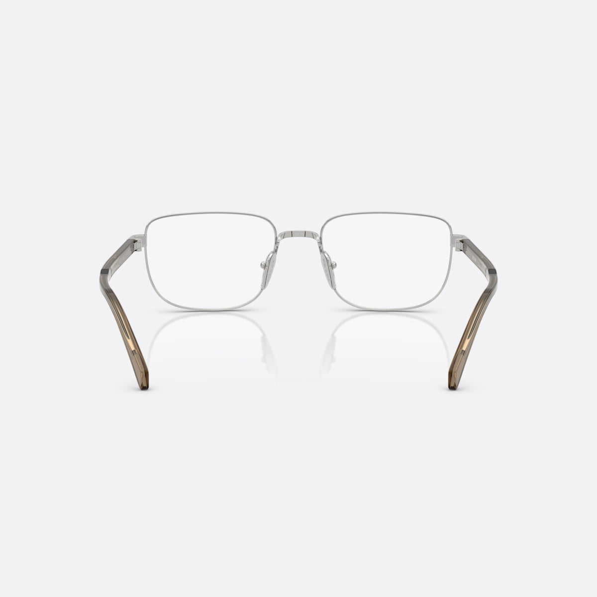 Prada PR B51V 11U1O1 eyeglasses, silver geometric frame for men, plain metal bridge, brand lettering on the temples, back view
