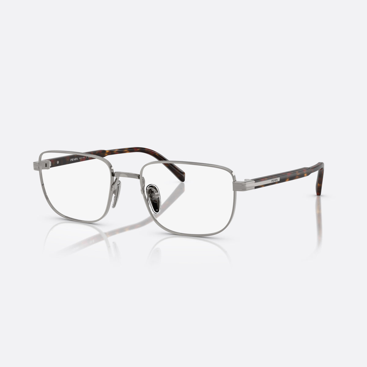 Prada PR B51V 20C1O1 eyeglasses, silver geometric frame for men, plain metal bridge, brand lettering on temples