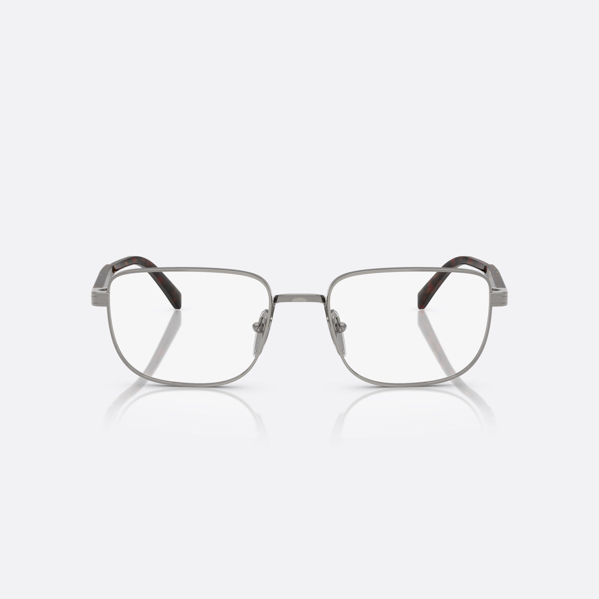 Prada PR B51V 20C1O1 eyeglasses, silver geometric frame for men, plain metal bridge, brand lettering on the temples, front view