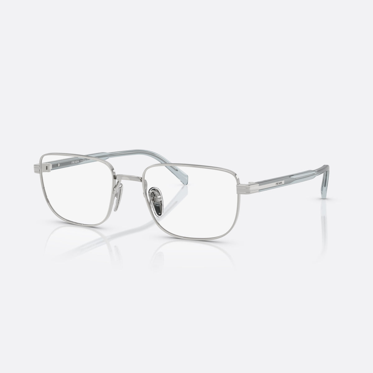 Prada PR B51V 29B1O1 eyeglasses, silver geometric frame for men, plain metal bridge, brand lettering on temples