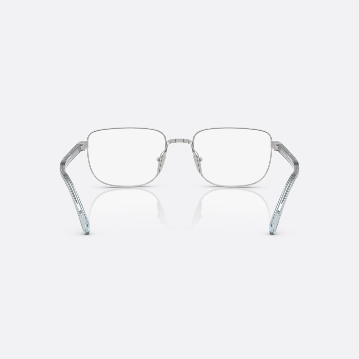 Prada PR B51V 29B1O1 eyeglasses, silver geometric frame for men, plain metal bridge, brand lettering on temples, back view