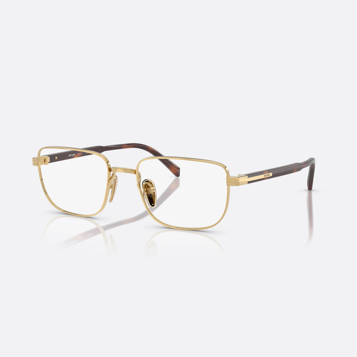Prada PR B51V 5AK1O1 eyeglasses, gold geometric frame for men, plain metal bridge, brand lettering on temples