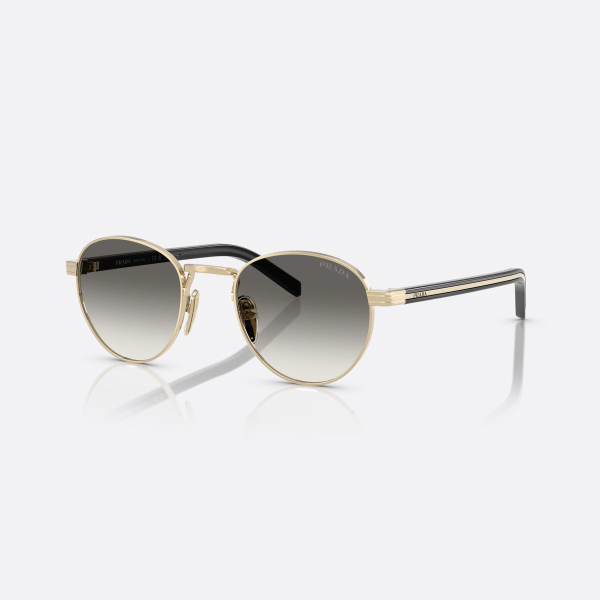 Prada PR B52S ZVN02C GLGR sunglasses, gold oval frame for women, plain metal bridge, brand lettering on temples