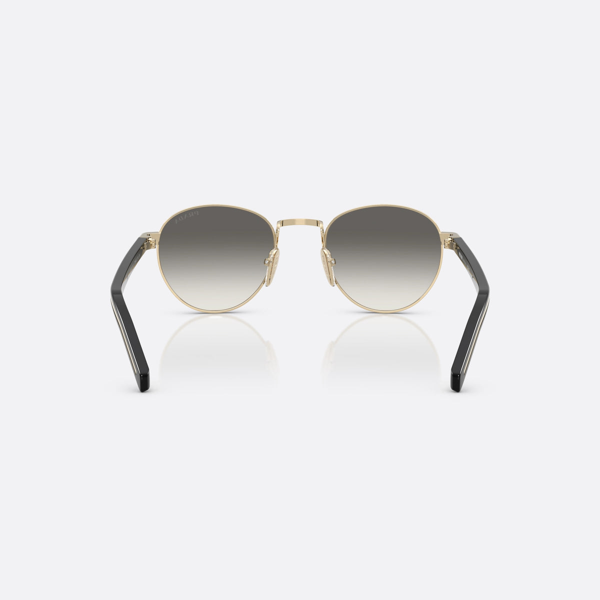 Prada PR B52S ZVN02C GLGR sunglasses, gold oval frame for women, plain metal bridge, brand lettering on temples, back view