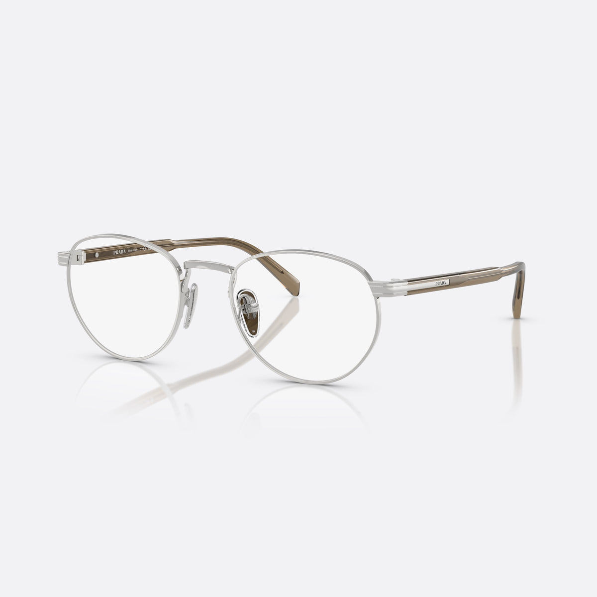 Prada PR B52V 11U1O1 eyeglasses, silver visor frame for men, plain metal bridge, brand lettering on temples