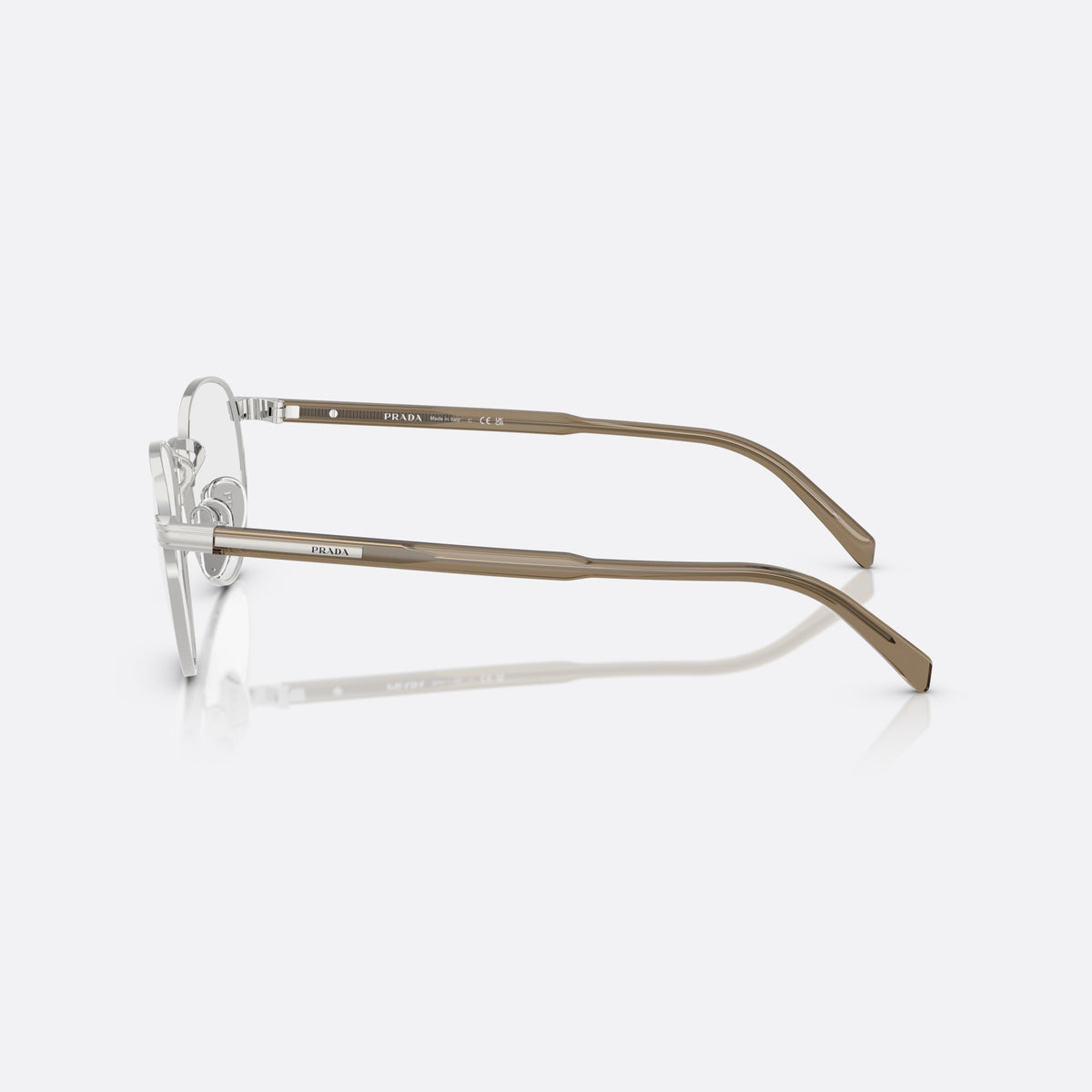 Prada PR B52V 11U1O1 eyeglasses, silver visor frame for men, plain metal bridge, brand lettering on temples, side view