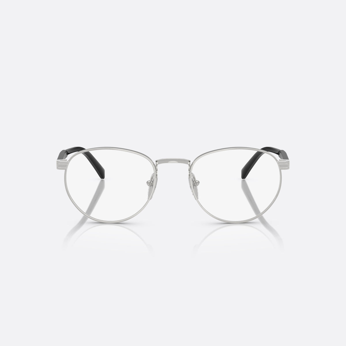 Prada PR B52V 1BC1O1 eyeglasses, silver visor frame for men, plain metal bridge, brand lettering on temples, front view