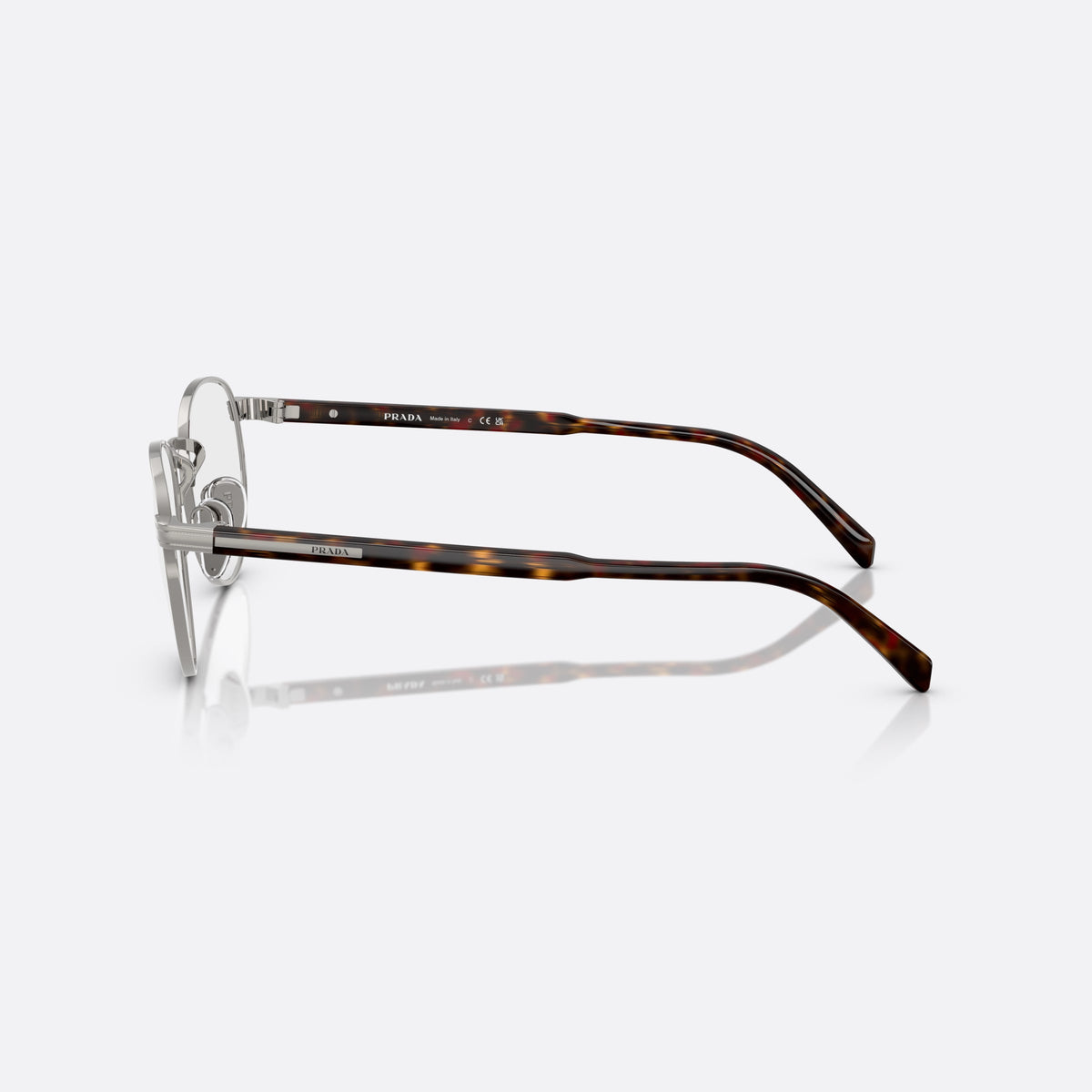 Prada PR B52V 20C1O1 eyeglasses, silver visor frame for men, plain metal bridge, brand lettering on the temples, side view