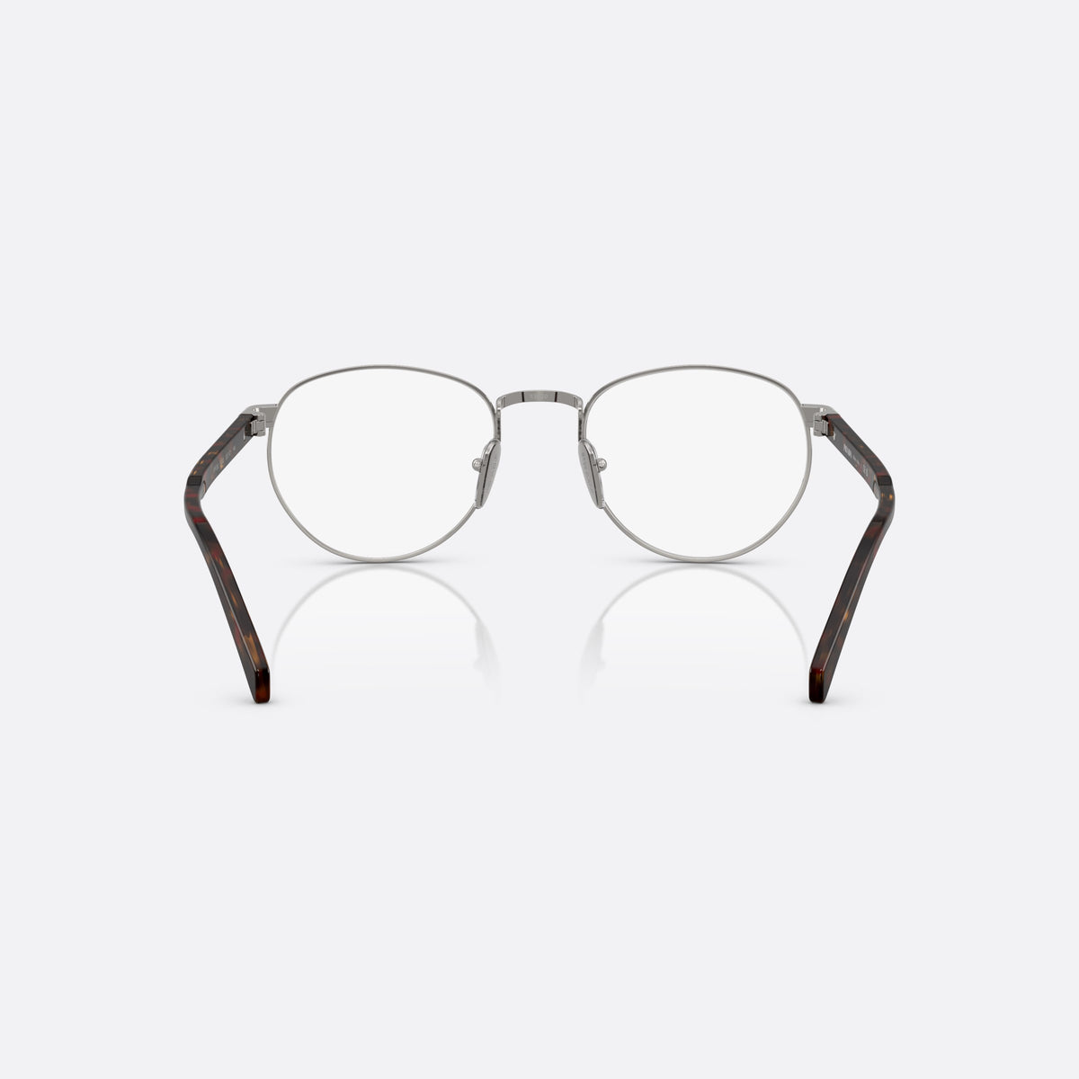 Prada PR B52V 20C1O1 eyeglasses, silver visor frame for men, plain metal bridge, brand lettering on the temples, back view
