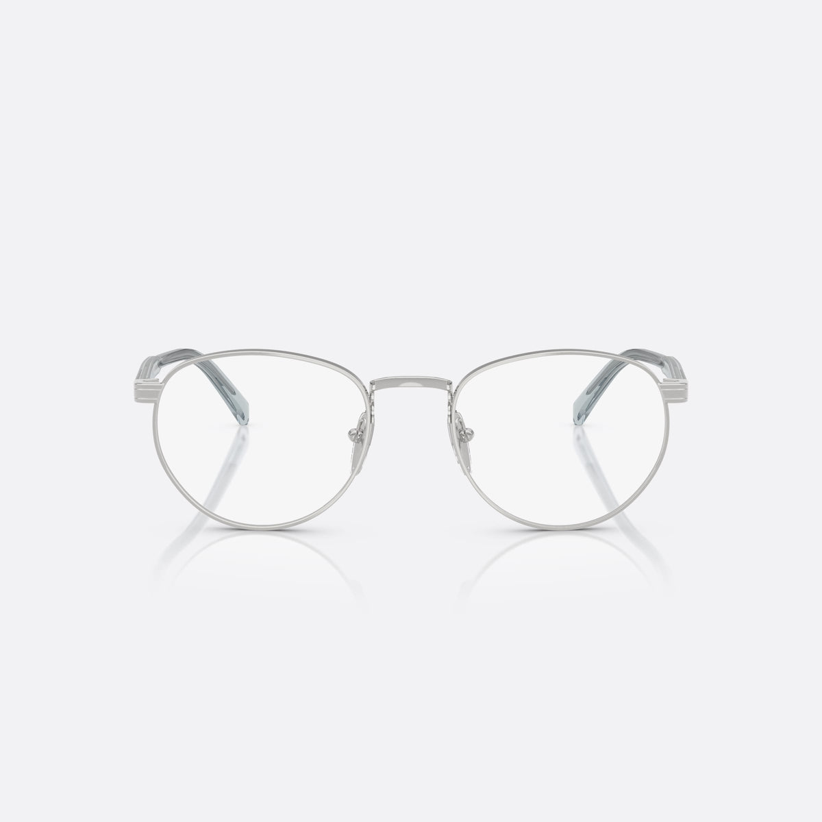 Prada PR B52V 29B1O1 eyeglasses, silver visor frame for men, plain metal bridge, brand lettering on temples, front view