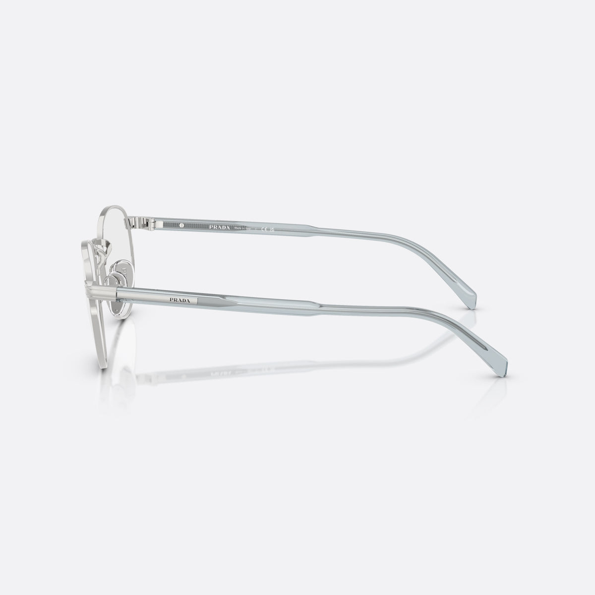 Prada PR B52V 29B1O1 eyeglasses, silver visor frame for men, plain metal bridge, brand lettering on temples, side view