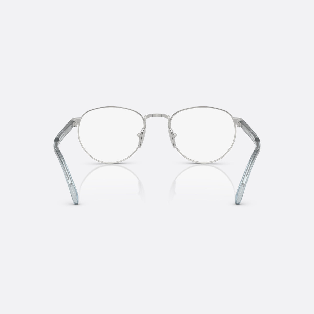 Prada PR B52V 29B1O1 eyeglasses, silver visor frame for men, plain metal bridge, brand lettering on temples, back view