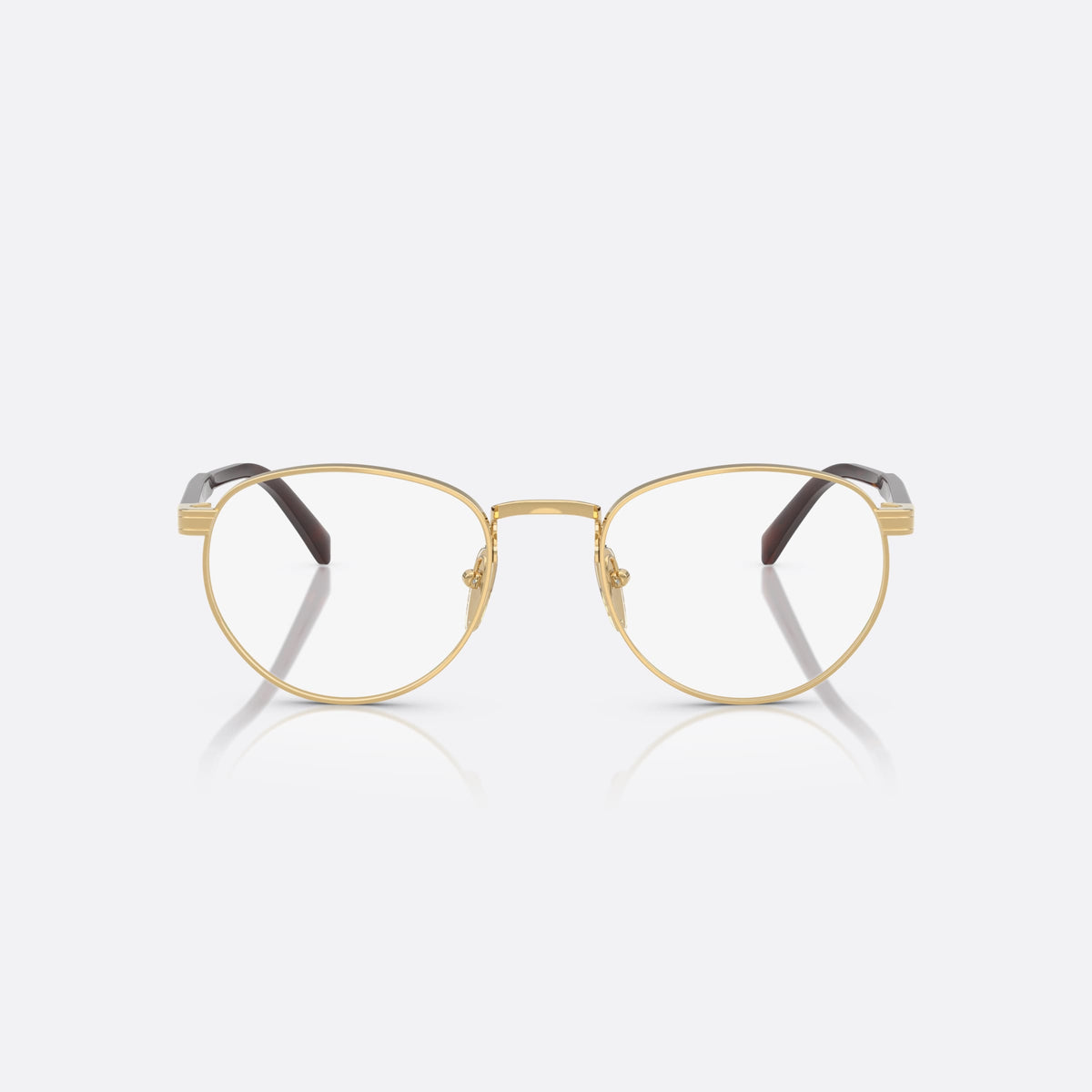 Prada PR B52V 5AK1O1 eyeglasses, gold visor frame for men, plain metal bridge, brand lettering on temples, front view